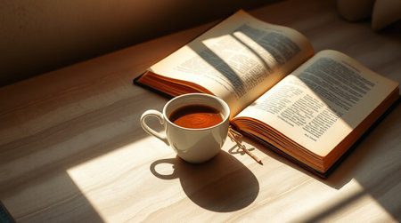 Cup of hot coffee and book on wooden table in morning sunlight