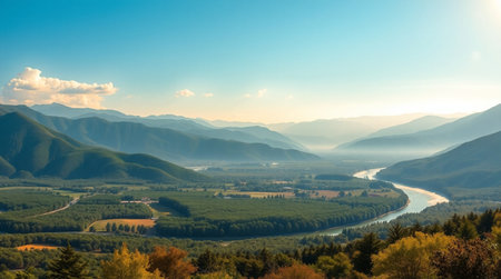 Panoramic view of the mountain valley and the river in the morningの写真素材