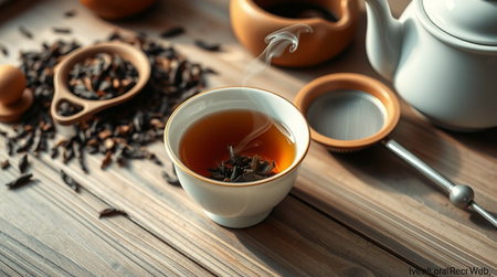 Cup of tea and teapot on wooden table, closeup