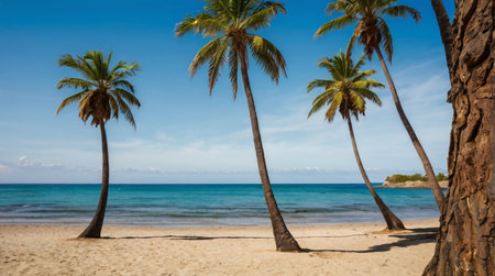 Coconut palm trees on a tropical beach in Mauritius island