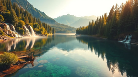 Beautiful alpine lake with waterfall in the mountains at sunset. Switzerlandの写真素材
