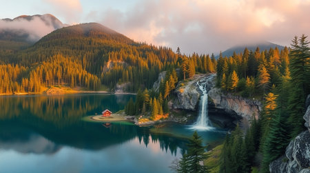 Fantastic mountain landscape with a waterfall in the middle of the lake