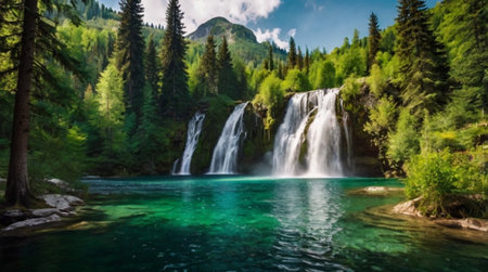 Panoramic view of the beautiful waterfall in the mountains. Summer landscape.の写真素材