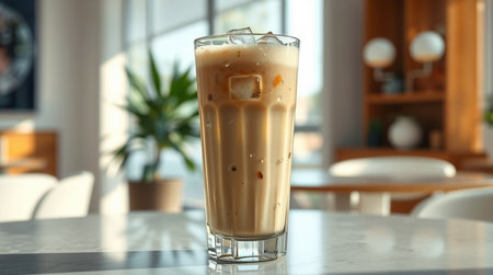 Glass of tasty ice coffee on table in cafe. Space for textの写真素材