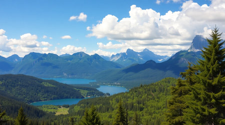 Panoramic view of alpine lake and mountain range in summer