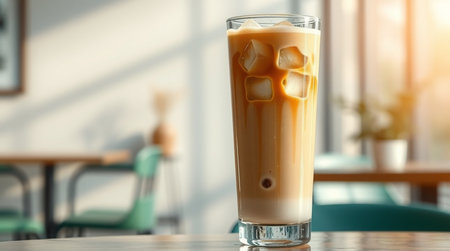 Glass of tasty ice coffee on table in cafe, closeup. Space for textの写真素材