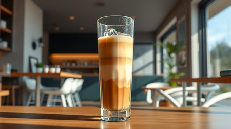 Iced coffee in a tall glass on a table in a cafeの写真素材