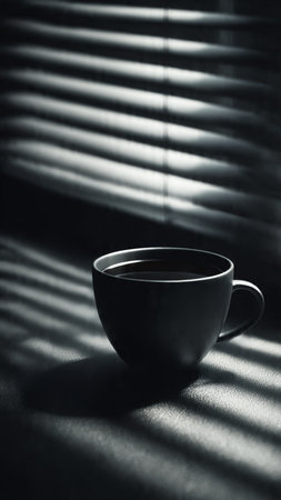 Cup of coffee on a window sill with blinds and shadowsの写真素材