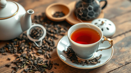 Cup of tea and teapot on wooden table, closeupの写真素材