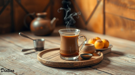 Cup of coffee with milk on a wooden tray on a wooden backgroundの写真素材