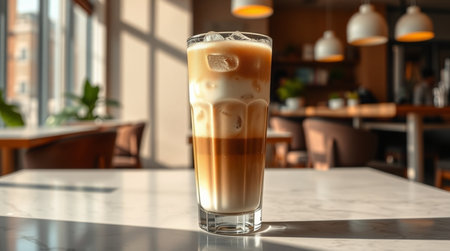 Iced coffee in a tall glass on the table in a cafe