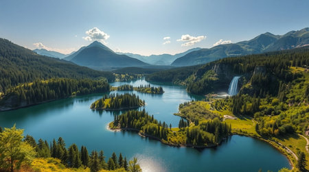 Aerial view of the lake and mountains in the summer. Beautiful landscape.の写真素材