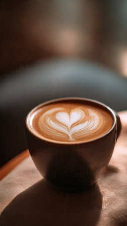 Coffee cup with latte art on wooden table in coffee shopの写真素材