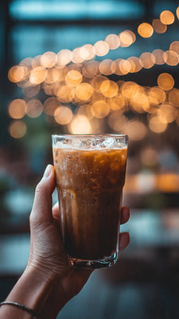 Iced coffee in glass with bokeh background, stock photoの写真素材