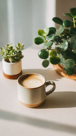 Coffee cup with succulent in pot on table. Minimalist interiorの写真素材