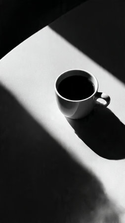 Coffee cup on table in morning sunlight. Black and white photo.の写真素材