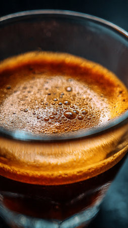 Coffee in a glass on a dark background close-upの写真素材