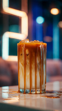 Iced caramel macchiato coffee in cafe, Thailand.の写真素材