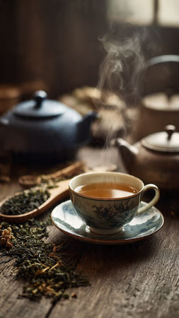 tea cup and teapot on old wooden table, stock photoの写真素材