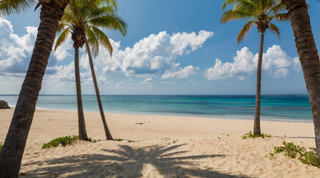 Coconut palm trees on a tropical beach in the Dominican Republicの写真素材