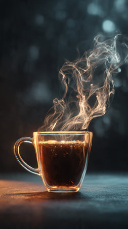 Cup of hot coffee with smoke on dark background. Copy space.の写真素材