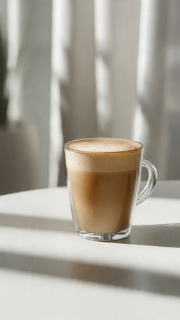 coffee in a glass cup on a white table near the windowの写真素材