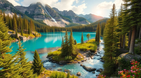 Mountain lake with clear turquoise water in the mountains.