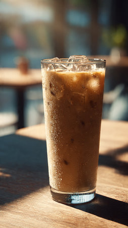 Iced coffee in a glass on a wooden table in a cafe
