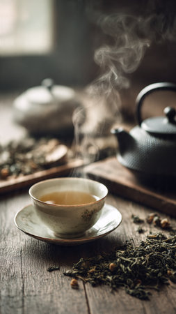 Cup of tea and teapot on a wooden table.の写真素材