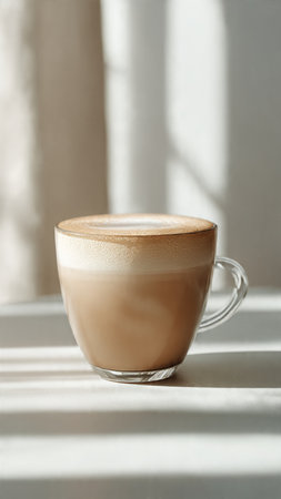 Coffee cup on white background with sun light and shadow.