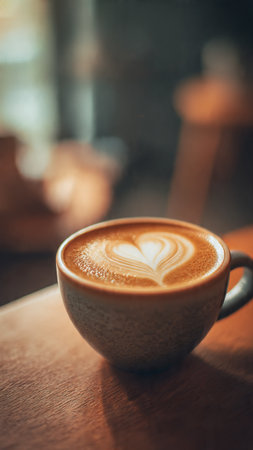Coffee cup with latte art on wooden table in coffee shopの写真素材