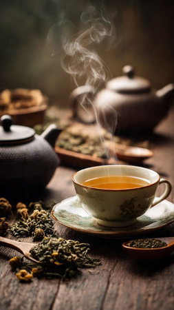 Green tea in a cup and teapot on old wooden tableの写真素材