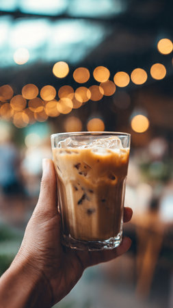 Iced coffee in glass with bokeh background, stock photoの写真素材