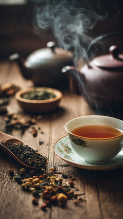 tea cup and teapot on wooden table, stock photoの写真素材