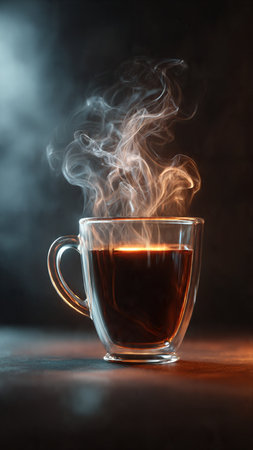 Cup of coffee with smoke on dark background. Copy space.の写真素材