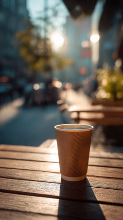Coffee cup on a wooden table in a cafe at sunset