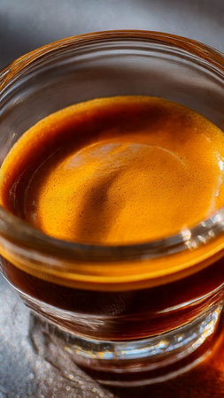 Coffee in a glass cup on a dark background close upの写真素材