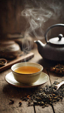 Cup of tea with teapot on old wooden table.の写真素材