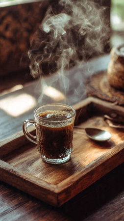 Coffee in a glass cup on a wooden tray with smoke.の写真素材