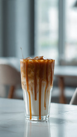 Iced caramel macchiato coffee in glass, stock photoの写真素材