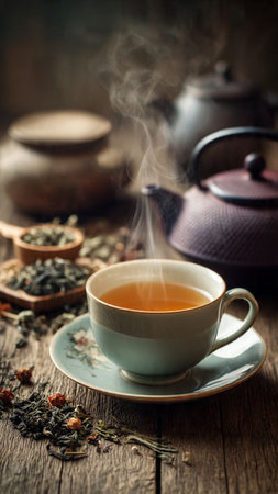 tea cup and teapot on old wooden table, selective focusの写真素材