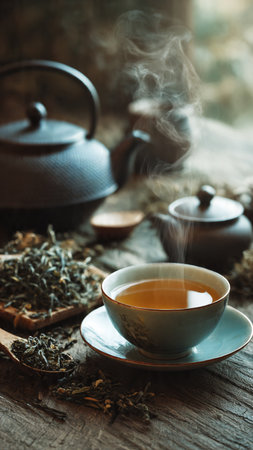 Tea cup and teapot on old wooden table with smoke.の写真素材