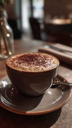 Cappuccino in a cup on a table in a cafeの写真素材