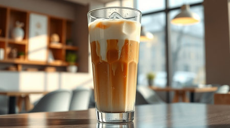 Glass of tasty latte macchiato on table in cafeの写真素材