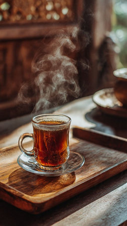 Cup of tea with steam on a wooden tray in a cafeの写真素材