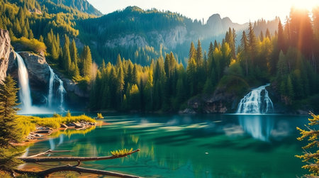 Beautiful mountain lake with clear turquoise water and high mountains in the backgroundの写真素材