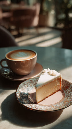 Coffee cup and cheesecake on table in coffee shop.の写真素材