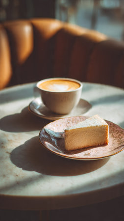 Coffee cup and cake on table in cafe, stock photoの写真素材