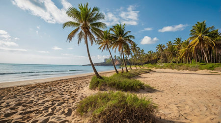 Tropical beach with palm trees and sand.の写真素材
