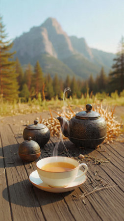 Cup of tea on a wooden terrace with mountains in the backgroundの写真素材